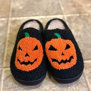 Halloween Jack O Lantern Pumpkin Plush Slippers Black Faux Fur Mules 36-37